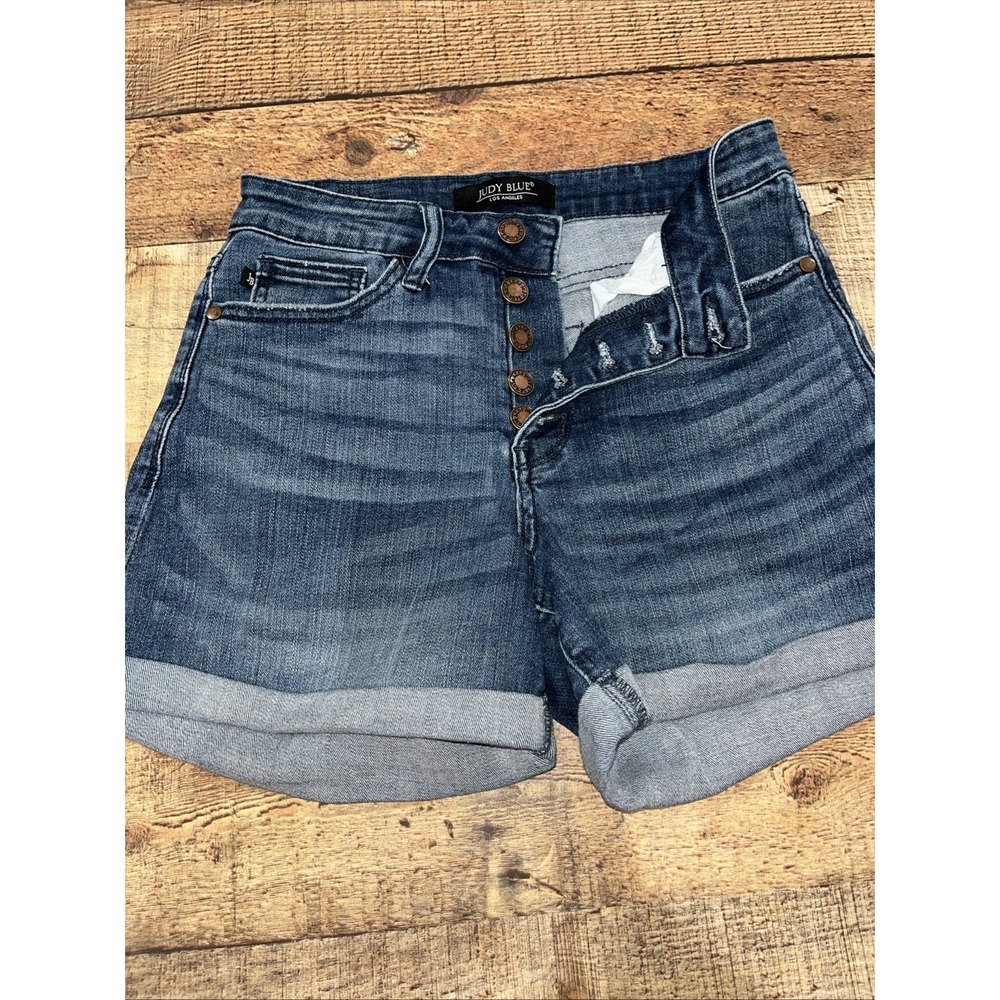 Judy Blue Distressed Blue Stretch Denim Shorts Size 26 Cuffed Button Fly (2748)